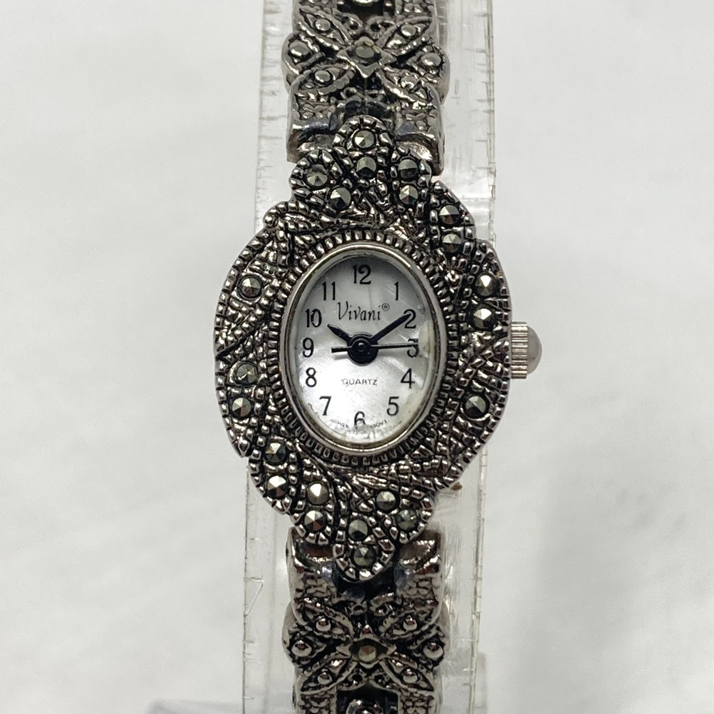 Vintage Vivani Marcasite Womens Watch 18mm Silver Tone MOP Oval New Battery 7.5"